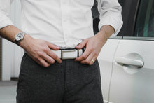 Load image into Gallery viewer, model with white shirt and black pants white belt formal look