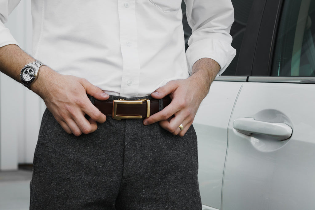 formal attire man wear shirts and pants with tonywell ratchet belt no holes triditional look