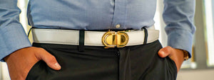 man wearing Tonywell white belt gold buckle belt with white shirt and black pants