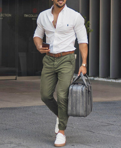 Tuck your button-down into a pair of green cargo pants.