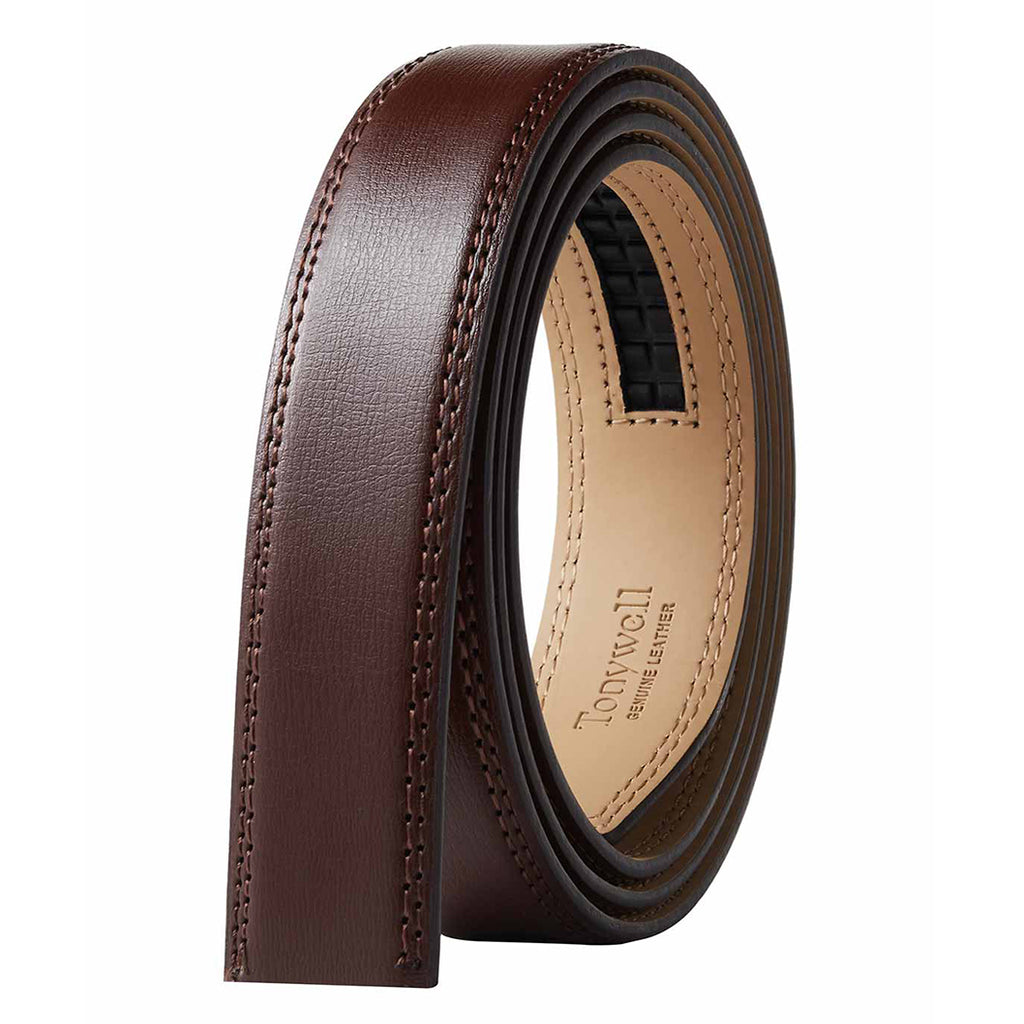 Brown ratchet belt strap front view