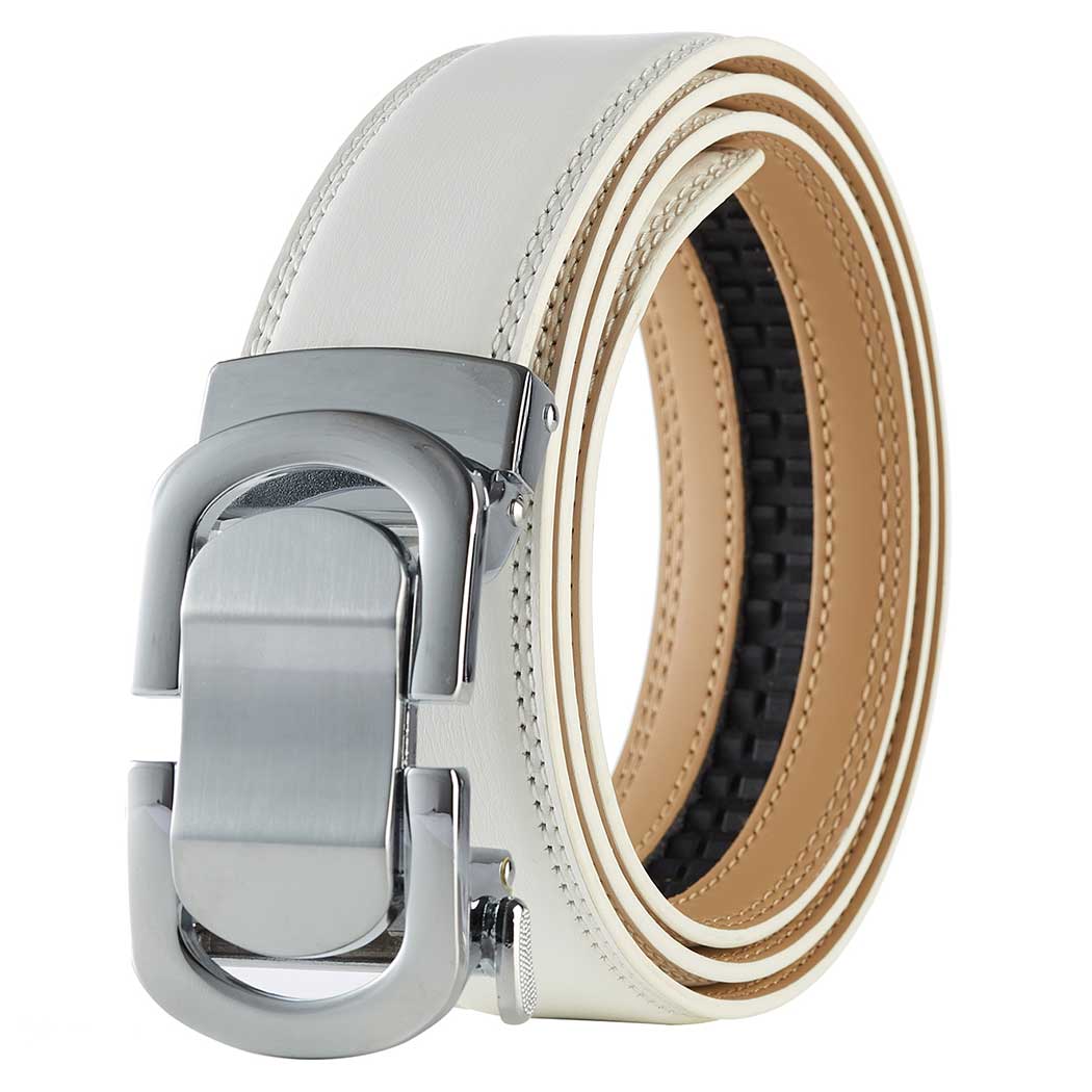 Mens Luxury Belts Comfort Click Belt Designer Buckle | Tonywell, White Belt Silver Buckle
