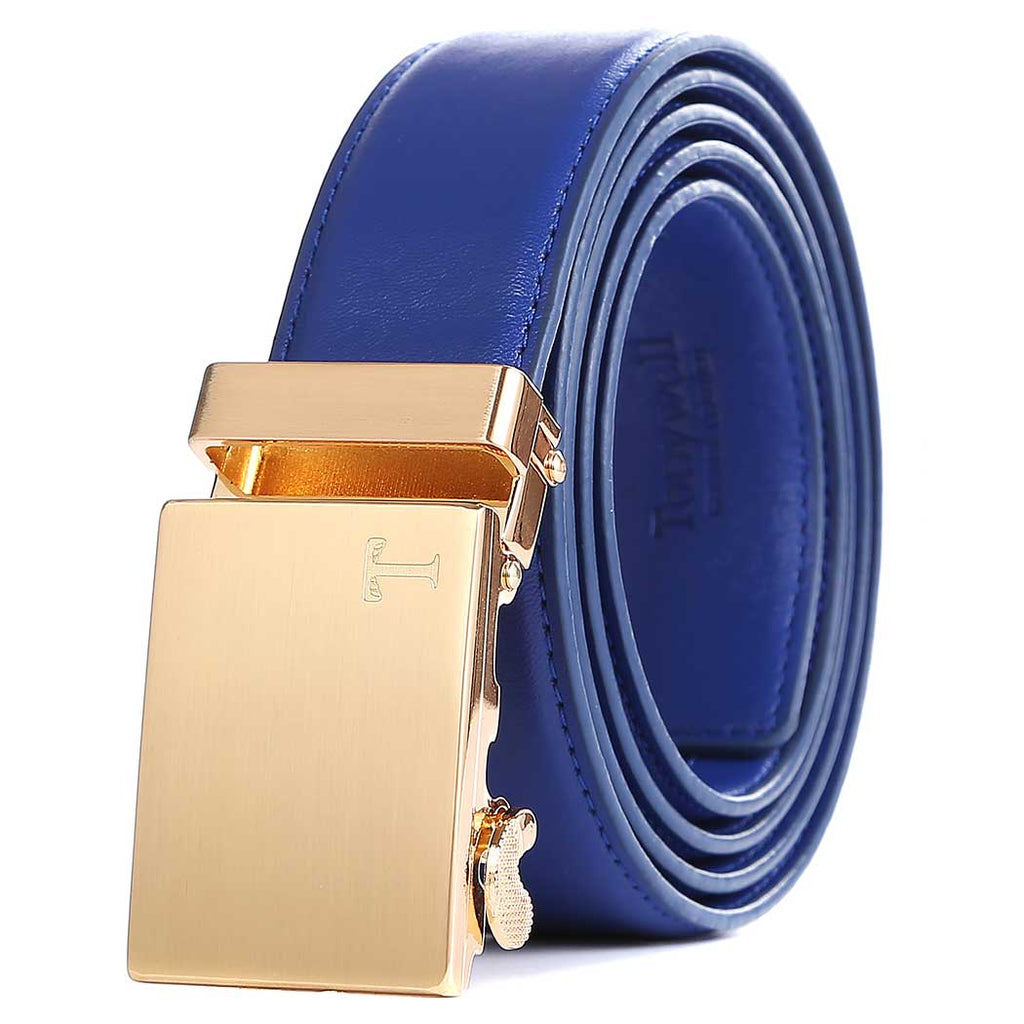 blue leather belt mens gold buckle