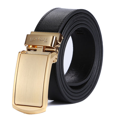 Black and Gold Men's Adjustable Ratchet Slide Buckle Belt - Genuine