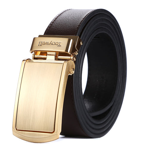 Hi-Tie Gold Brown Plaid Automatic Buckles Mens Belts Black Genuine Leather Ratchet Waist Belt for